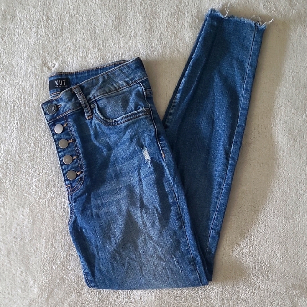 Kut From The Kloth Connie High Rise Ankle Skinny Jeans 2 Blue Distressed Raw Hem